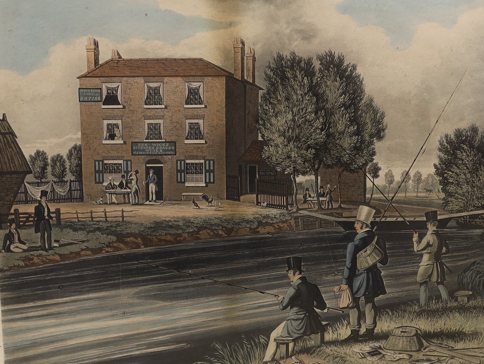 After James Pollard, late 19th century, coloured print, ‘Bottom Fishing’ and ‘Fly Fishing’, 38 x 47cm